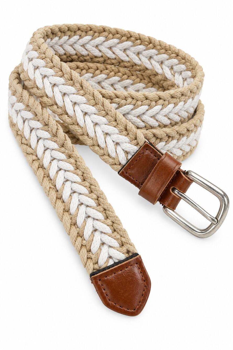 Woven Braided Belt Tan White Two Tone Boho Casual Silver Buckle 45 Inch